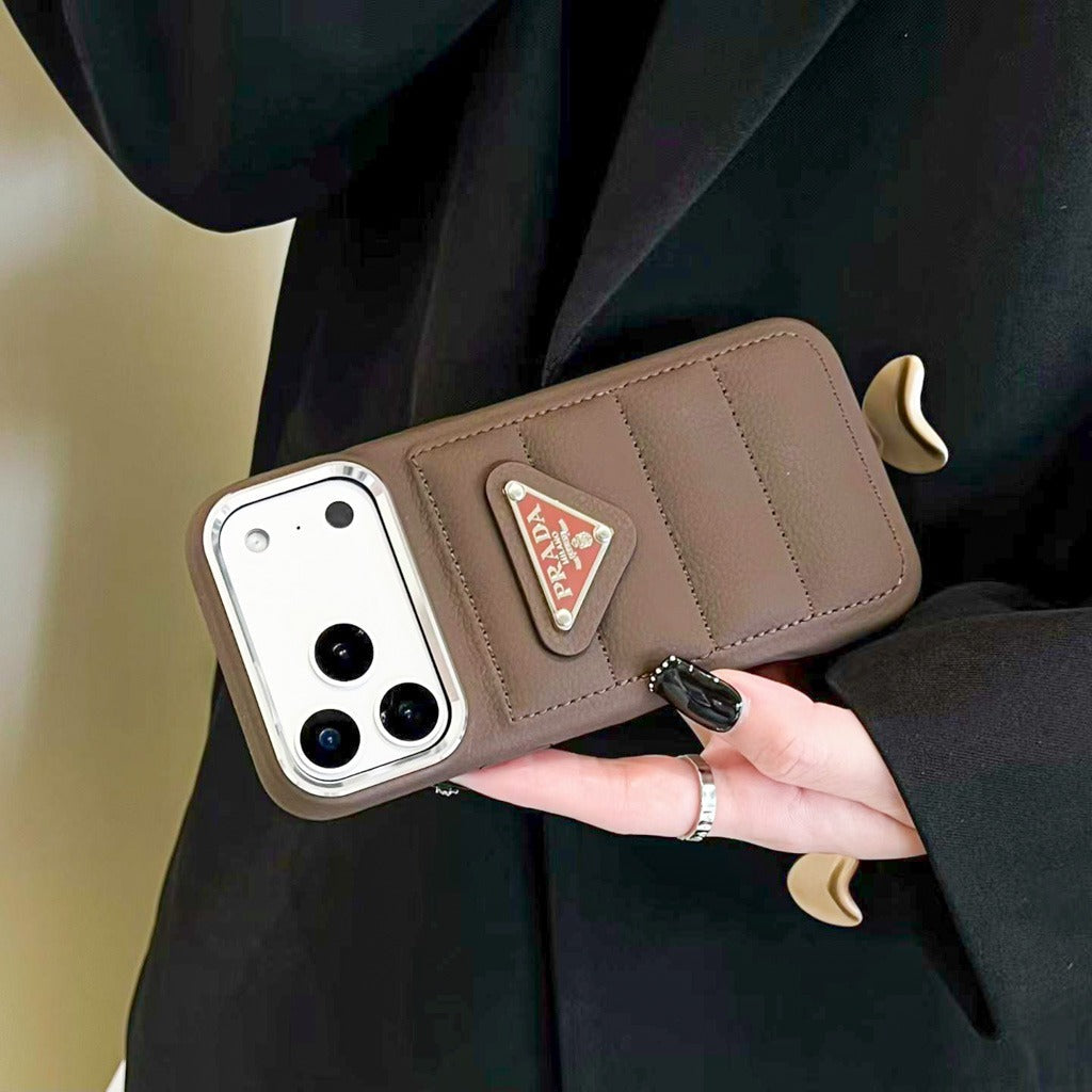 Luxury Quilted Leather iPhone Case with Card Pocket & Metal Logo