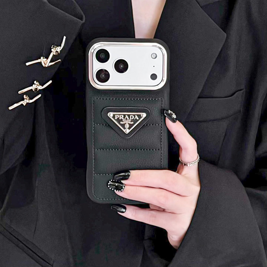 Luxury Quilted Leather iPhone Case with Card Pocket & Metal Logo