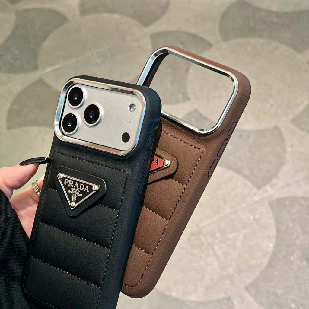 Luxury Quilted Leather iPhone Case with Card Pocket & Metal Logo