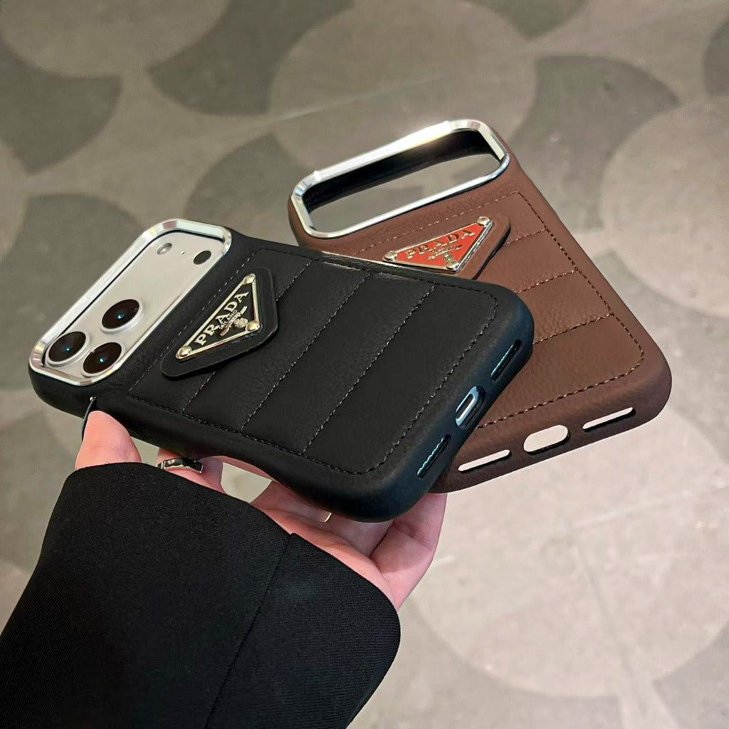 Luxury Quilted Leather iPhone Case with Card Pocket & Metal Logo