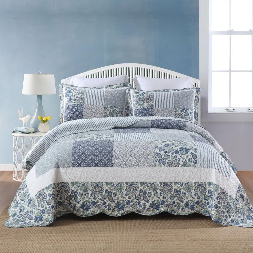 3-Piece Cotton Quilt Set – Reversible Vintage Floral, Blue, King