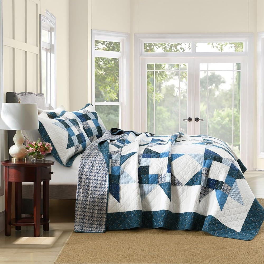 3-Piece Cotton Quilt Set – Reversible Star Patchwork, Blue White, King