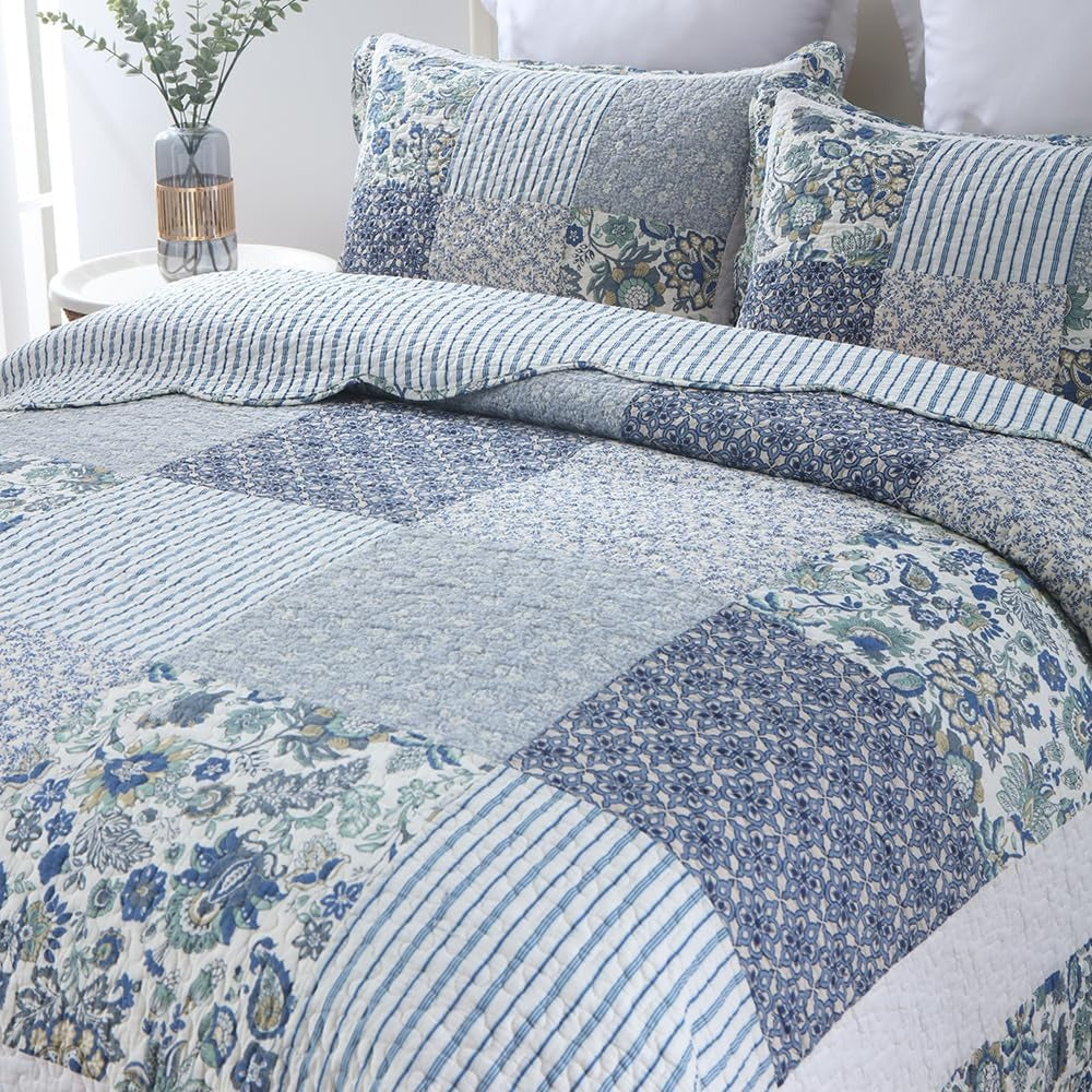 3-Piece Cotton Quilt Set – Reversible Vintage Floral, Blue, King