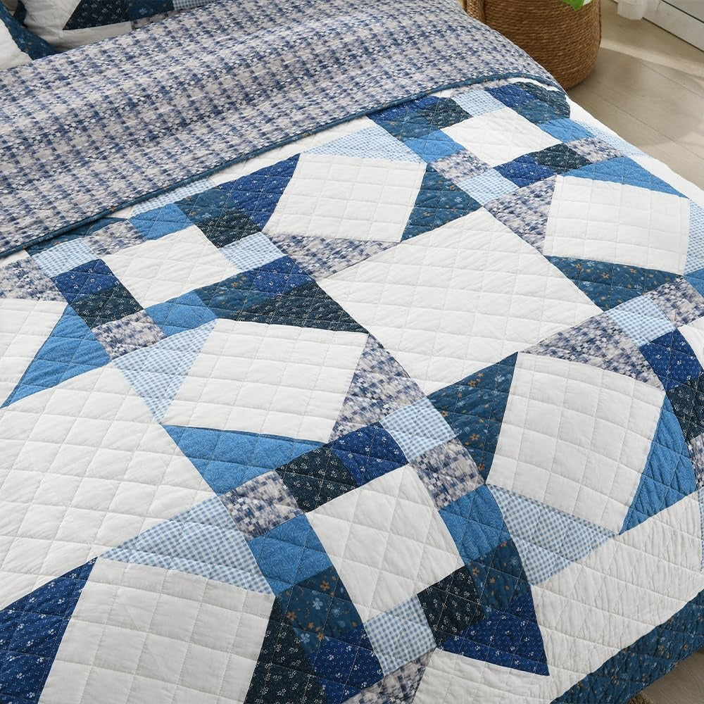 3-Piece Cotton Quilt Set – Reversible Star Patchwork, Blue White, King