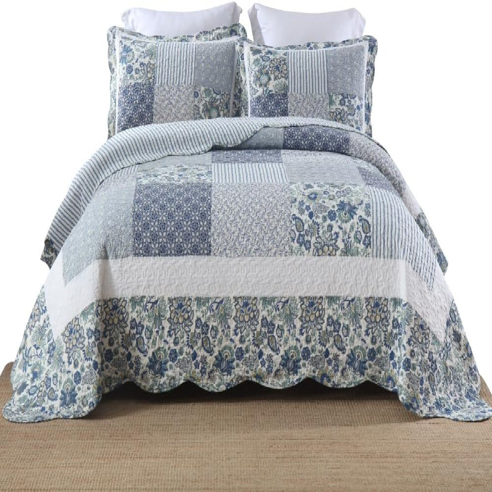3-Piece Cotton Quilt Set – Reversible Vintage Floral, Blue, King