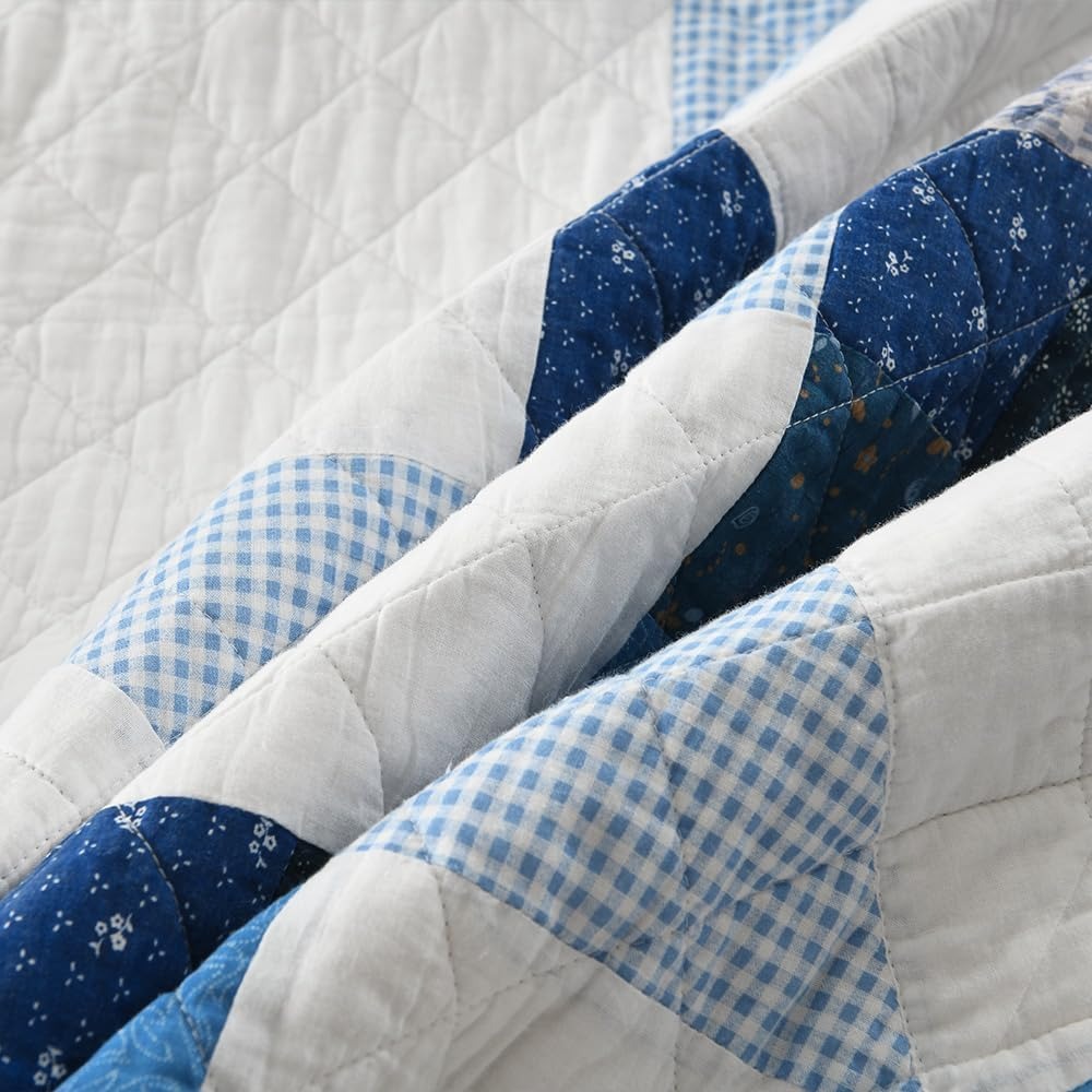 3-Piece Cotton Quilt Set – Reversible Star Patchwork, Blue White, King
