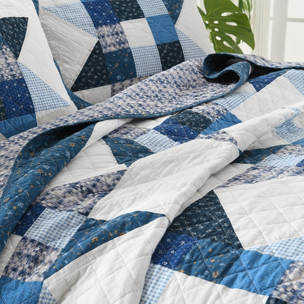 3-Piece Cotton Quilt Set – Reversible Star Patchwork, Blue White, King