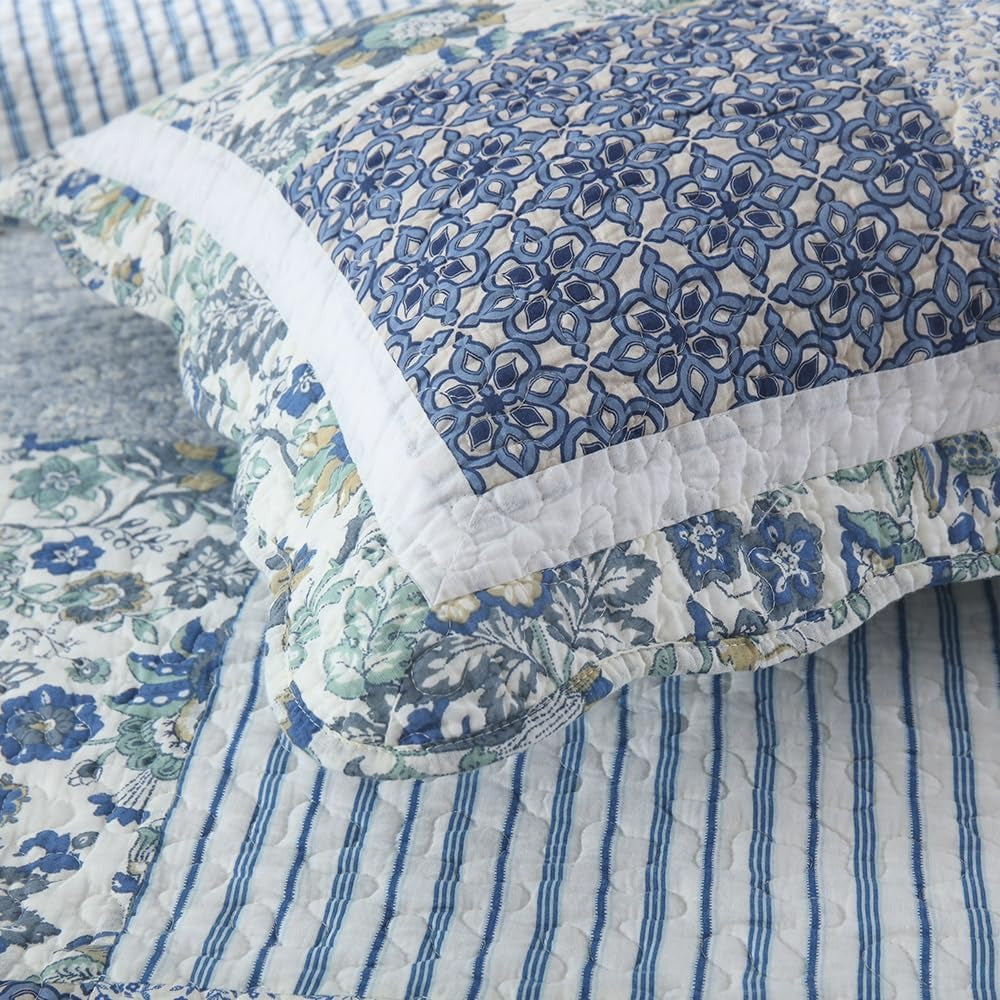 3-Piece Cotton Quilt Set – Reversible Vintage Floral, Blue, King