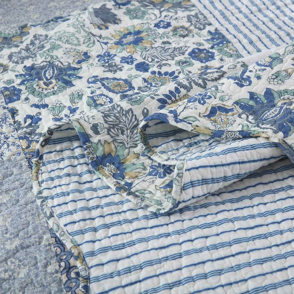 3-Piece Cotton Quilt Set – Reversible Vintage Floral, Blue, King