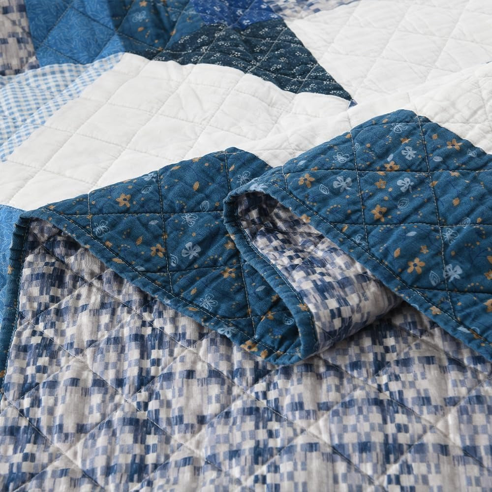 3-Piece Cotton Quilt Set – Reversible Star Patchwork, Blue White, King