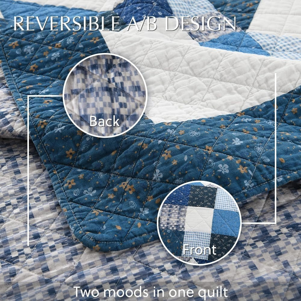 3-Piece Cotton Quilt Set – Reversible Star Patchwork, Blue White, King