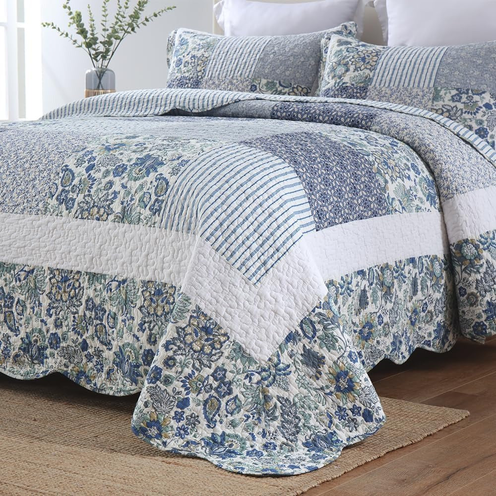 3-Piece Cotton Quilt Set – Reversible Vintage Floral, Blue, King