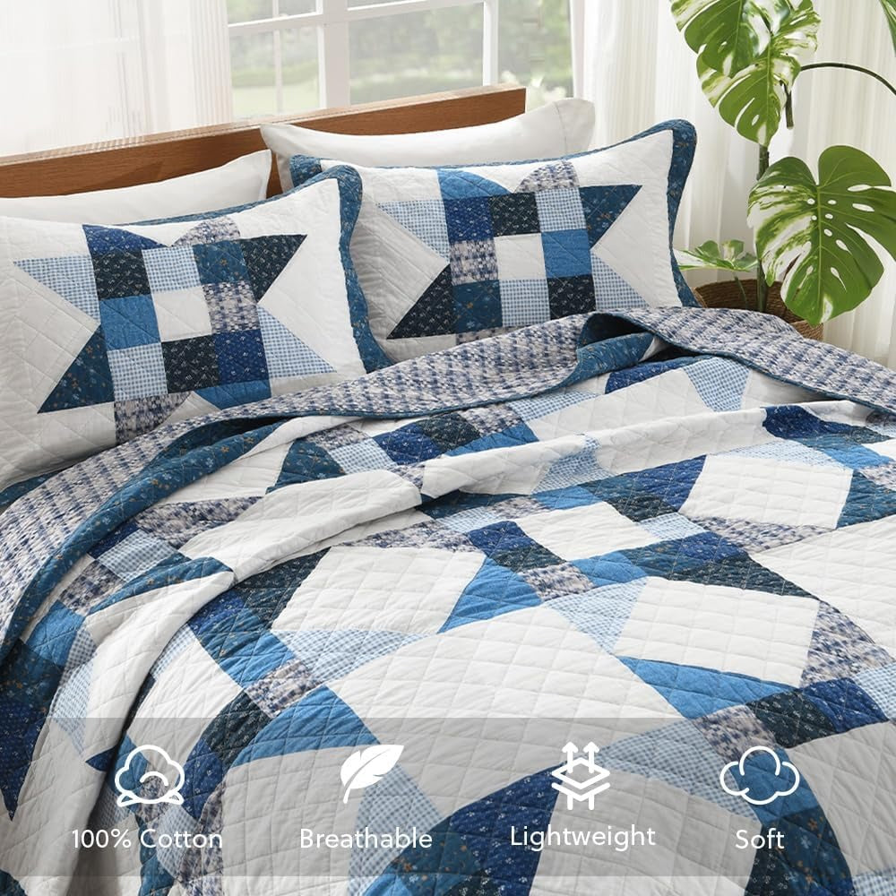 3-Piece Cotton Quilt Set – Reversible Star Patchwork, Blue White, King