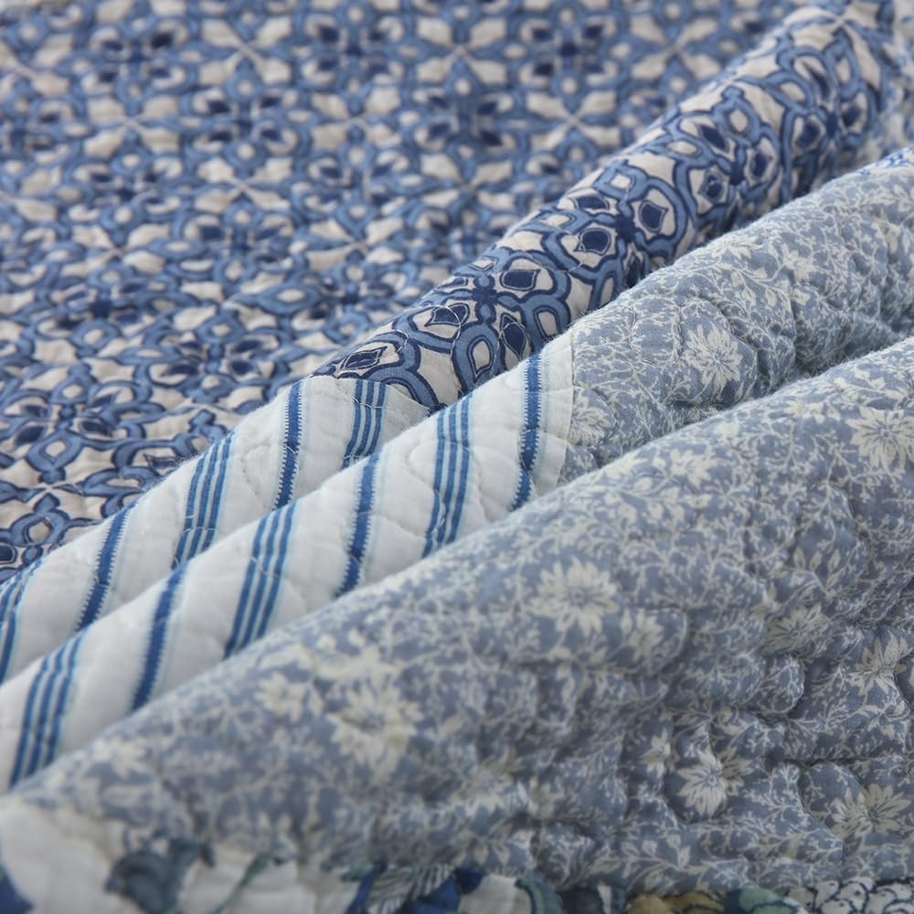 3-Piece Cotton Quilt Set – Reversible Vintage Floral, Blue, King