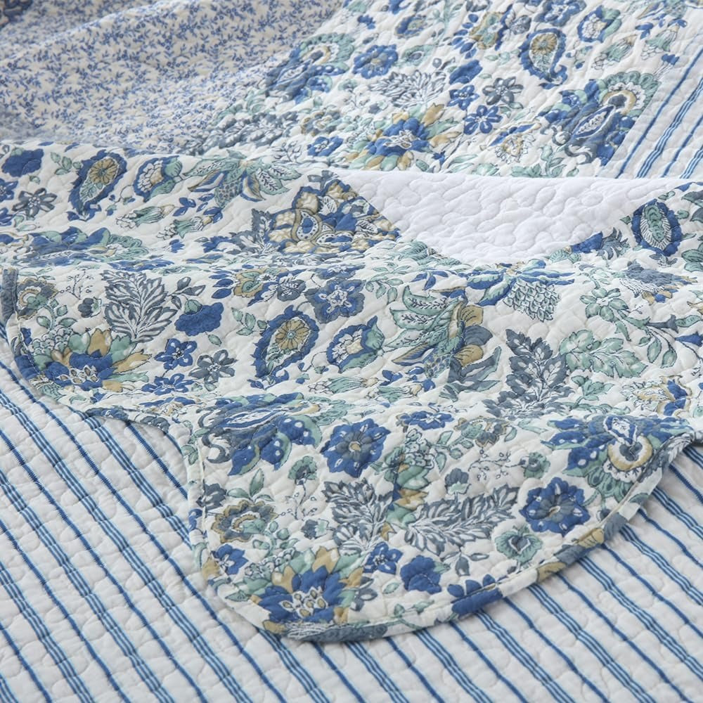3-Piece Cotton Quilt Set – Reversible Vintage Floral, Blue, King