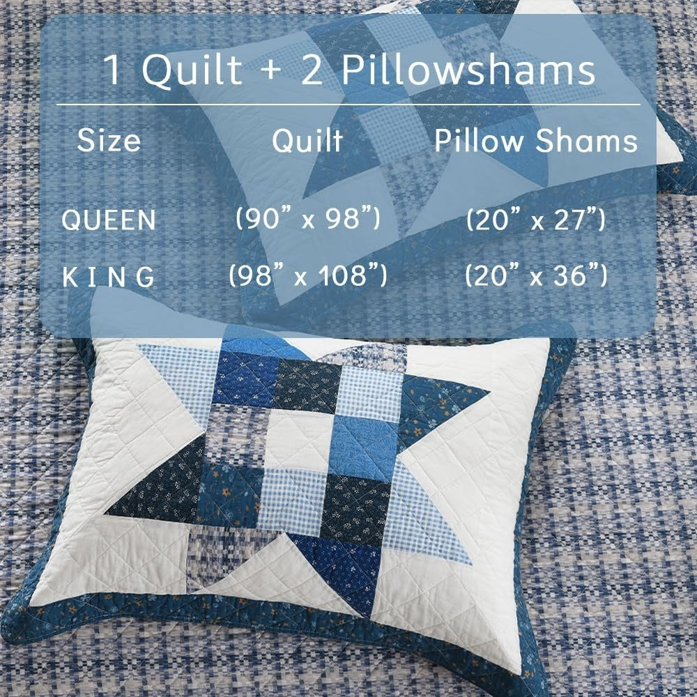 3-Piece Cotton Quilt Set – Reversible Star Patchwork, Blue White, King
